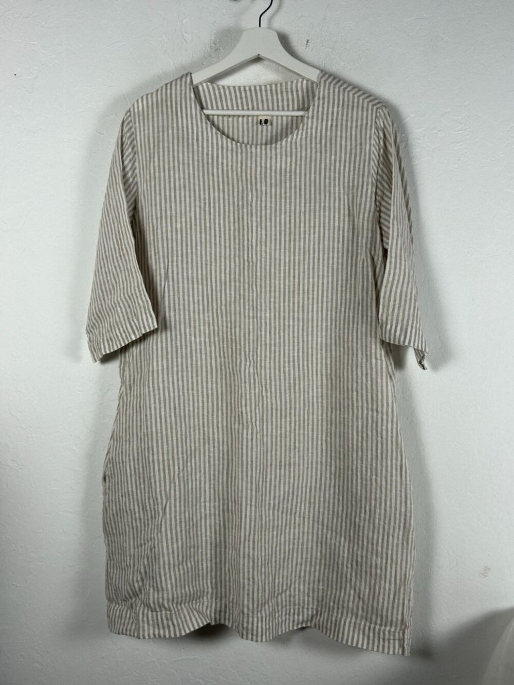 Len Ok Womens Striped Tunic Shift Dress Pockets Beige White 3/4 Sleeve XL Casual